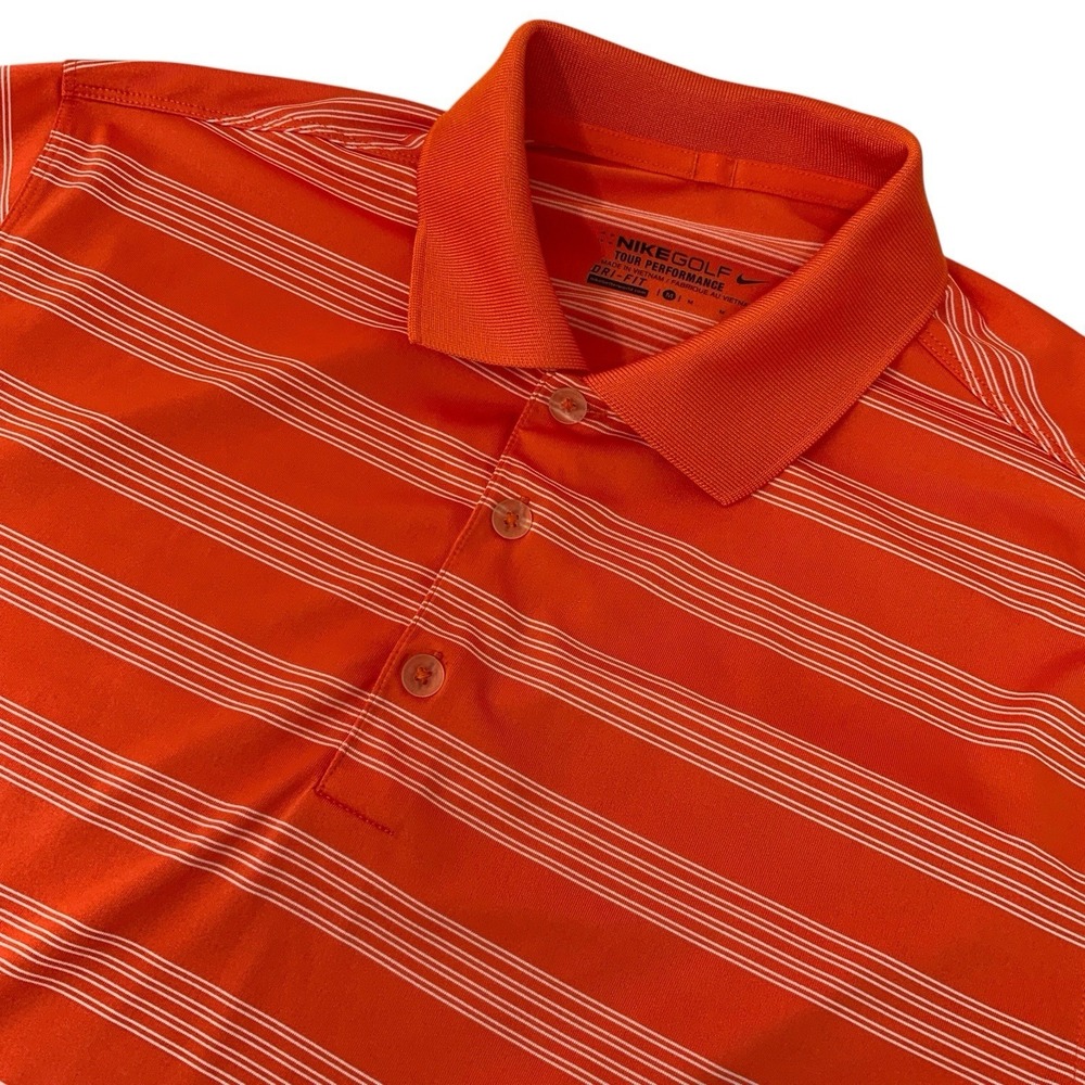 Nike Golf Tour Performance Dri-FIT Polo Shirt Mens M Orange White Stripe Logo